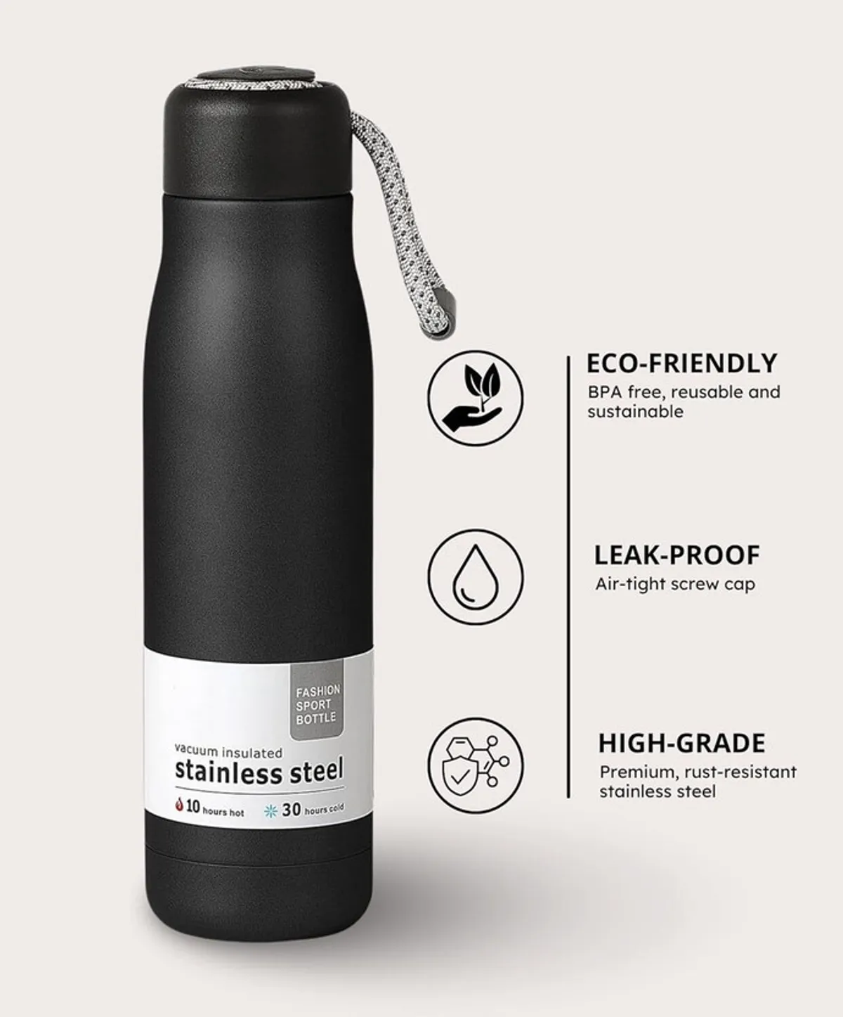 FlexiSteel 550 – Leak-Proof Stainless Steel Water Bottle with Strap (Black) | For Office, Gym & School - Image 2